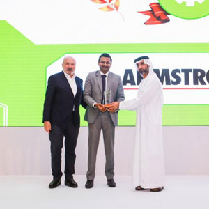 Left to right: Mr. Albert Aoun, Chairman of IFP Group, Mr Rajmohan Govindarajan of Armstrong Fluid Technology and Mr. Ali Jasim, CEO of Etihad Esco at the RetrofitTech2018 Awards.