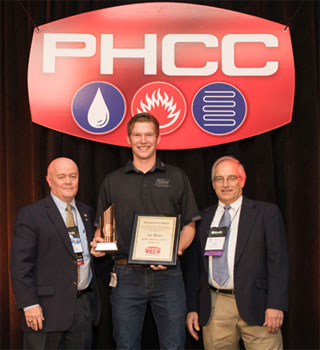 HVAC Contest Winner Josiah Tiegs with PHCC Educational Foundation Chair Craig Lewis and HVAC Contest Committee Chair Scott Balmer.