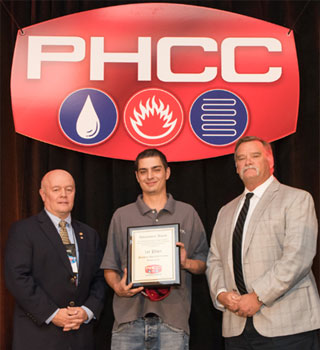 Plumbing Contest Winner James Houser with PHCC Educational Foundation Chair Craig Lewis and Plumbing Contest Committee Chair Jim Steinle.