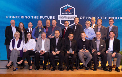 Congratulations to all of the 2019 Innovation Awards Winners! Top row, left to right: Bill Steel, AHRI, Chairman; Sheila Hayter, President, ASHRAE; Bill Steel, AHRI, Chairman; John Hazen White, Jr., Executive Chairman & CEO, Taco Comfort Solutions; Harold Arrowsmith, VP of Mechanical Industrial Sales, Anvil International; Jeff Shaffer, Gruvlok Product Manager, Anvil International; Mark Fisher, President, Dwyer Instruments, Inc.; Paul Selking, Business Leader, Regal®; Robert Moss, Director of Engineering, Dwyer Instruments, Inc.; Mead Rusert, President, Automated Logic Corporation; Dustin Eplee, Energy Wall, LLC; Ed McKiernan, President, Cold Chain, Electronics & Solutions, Emerson.