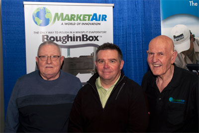 Lou Laroche, vice president­—marketing (left)and Gerry Spanger, president, (right) both of Marketair Inc., Edison, N.J. presented Scott Herberg, principal, (middle) Pacific NW Reps LLC, Yakima, Wash., with the “Top Gun” Rep of the Year—2018 at the International Air-Conditioning, Heating and Refrigerating Exposition (AHR Expo 2019) Jan. 13 in Atlanta.