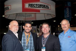 Left to right: Tampa, Fla.-based Target Sales’ Dan Moody, president; Sal Hamidi, territory sales; David Waugh, territory sales; and David Isenbarger, national accounts manager, RectorSeal, Houston. Target Sales was named RectorSeal’s new Florida and Puerto Rico territories manufacturer’s representative at the International Air-Conditioning Heating and Refrigerating Exposition (AHR Expo-2019) Jan. 14 in Atlanta.