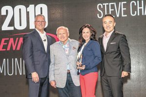 2019 Lennox Community Award recipients Steve and Christine Chapman (c.) of All American Air with Mike Hart (l.) and Quan Nguyen (r.) of Lennox. 
