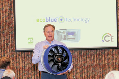 Mark Lanier, CE Regional Director of Commercial Sales, introduces Carrier’s EcoBlue technology fan assembly.