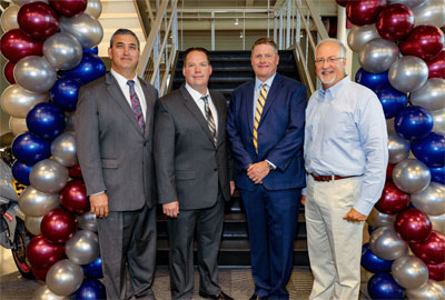 (Left to Right) Nathaniel Moran, Smith County Judge, Robert Rivers, Tyler Plant Manager, Ted Crabtree, Vice President Operations, Mayor Martin Heines come together to recognize Trane Building and Community investments.