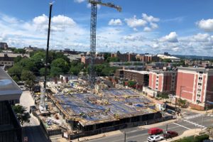 Construction site at the new HERE at State College student residential and retail complex in State College, Pennsylvania.