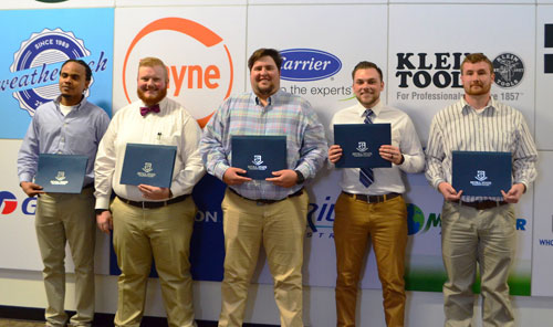 From left to right, Michael Grove, Kolby Russell, John Nolan, Jamie Martin and Clifton McDaniel graduated from the Bevill State/Alabama Power HVAC Boot Camp recently. Photo courtesy of the Daily Mountain Eagle.