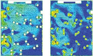 In a project with Ramboll UK, a fluid flow analysis demonstrated draft velocities at shoulder (left image) and head height (right image) created by mechanical ventilation in a classroom. (Source: SimScale)