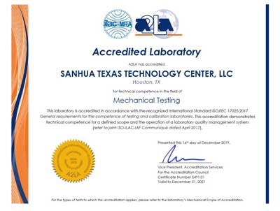 Sanhua Texas Technology Center Accreditation Certificate