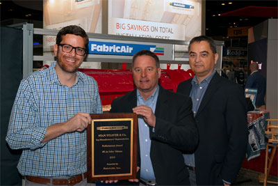 Left to right: Robby Obenreder, sales engineer, accepts the Top Manufacturer’s Representative Performance Award--2019 on behalf of his company, Stan Weaver & Co., Tampa, Fla. Presenting the award at the AHR Expo in Orlando, Fla., on Feb. 4 is Charles Justice, vice president–sales; and Brian Refsgaard, president, Fabricair, Lawrenceville, Ga. Obenreder was also issued Fabricair’s Outstanding Achievement Award for individual sales excellence as the top fabric duct salesperson in the U.S.