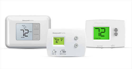 From left to right, Honeywell Home T3 PRO, Honeywell Home PRO 3000 and Honeywell Home E1 PRO.