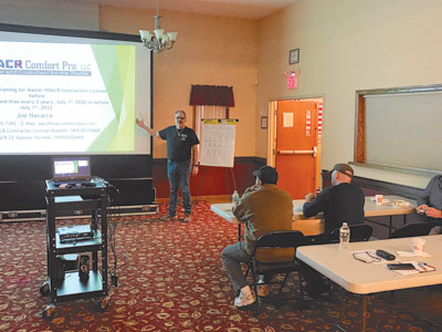 Joe Navarra conducting required HVACR Continuing Education class for HVAC licensed professionals.