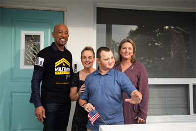 Debi Hixon (far right), widow of Parkland, Florida active shooter victim Chris Hixon, son Corey and Chris’s sister Natalie celebrate with Montel Williams, presenter of Military Makeover with Montel, outside their newly renovated 62-year-old-plus home, thanks to the show and sponsor Goodman Manufacturing Company, L.P.
