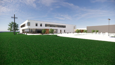 Rendering of new Grundfos facility from a Northeast perspective.