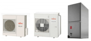From left to right: 2- and 2.5-ton capacity side-blowing compact outdoor unit with a single fan; 3- and 4-ton capacity outdoor unit of the same configuration; and a 3- and 4-ton capacity multi-positional air-handling indoor unit.