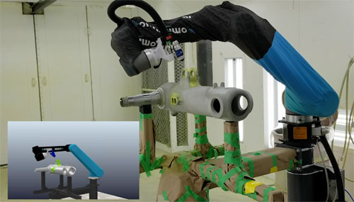 An autonomous robot paints an aerospace part. With more precise motion and tool control, as well as the ability to follow a holistic plan for each part, autonomous robots improve productivity, reduce consumables waste and lead to a higher quality finish with reduced need for rework.