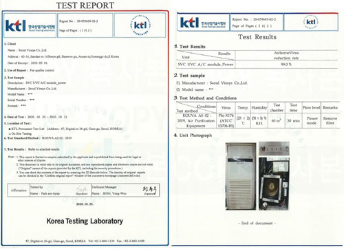 Testing report and results for Seoul Viosys’ UV LED Violeds module by Korea Testing Laboratory.