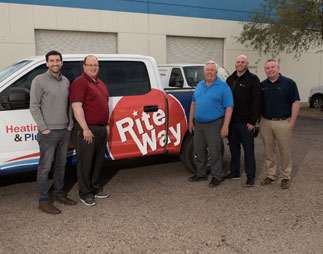 Richard Lewis and David Katz of Redwood Services (left) announce a strategic partnership with Rick Walter, Chris Sundin and Mike Auman of Rite Way (right).