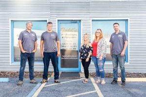 Installation Manager Matt Stewart, Owner Todd Whitmire, Office Manager Amber Whitmire, Commercial Coordinator Alexandra Terwilliger and Commercial Installation Manager Sean Giovanni, Photo by Marsha Kemp Photography